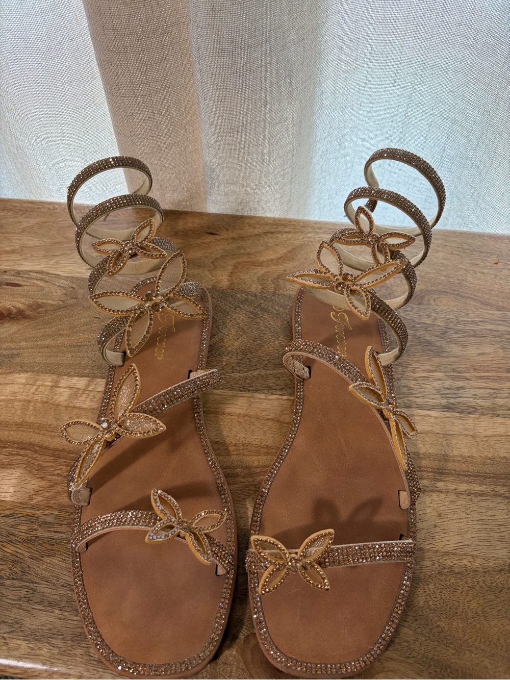 Embellished Brown Gladiator Sandals with Floral Accents